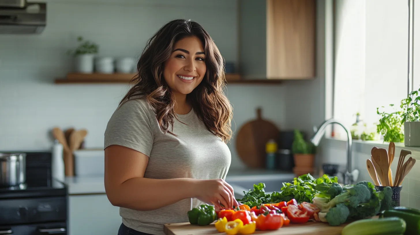 Woman cooking a healthy meal in her kitchen